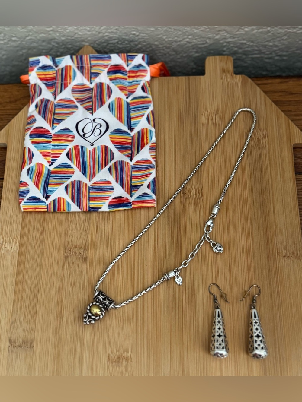 Brighton Reversible Moonglow Pendant Necklace Gold Silver & Earrings w/Pouch